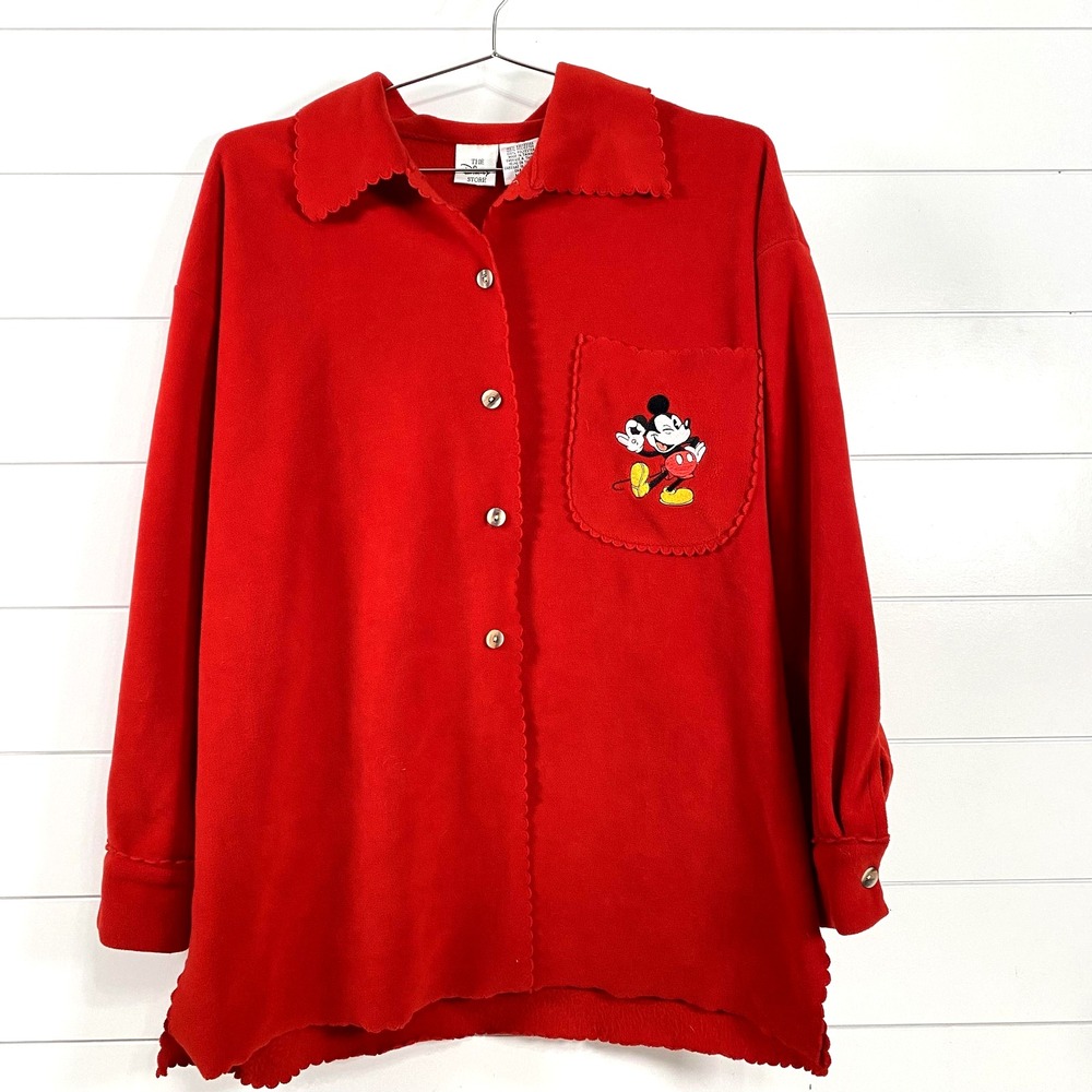 Disney Mickey Mouse Shirt Womens Medium Red Fleece Button Up Embroidered Pocket